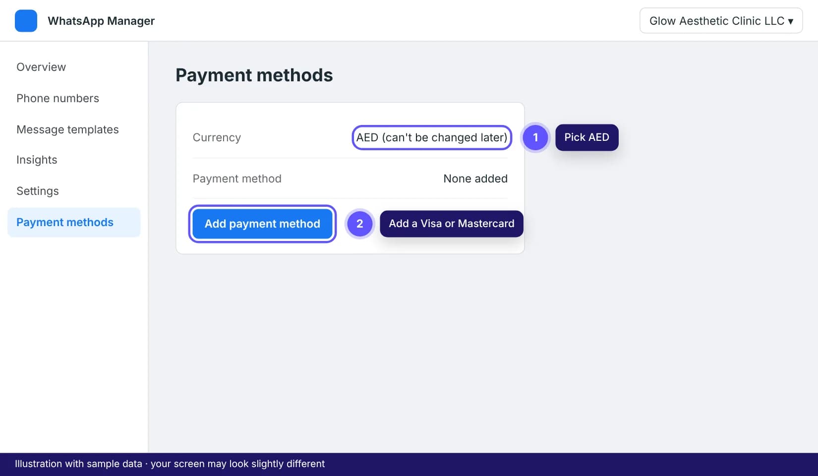 WhatsApp Manager billing and payment methods page