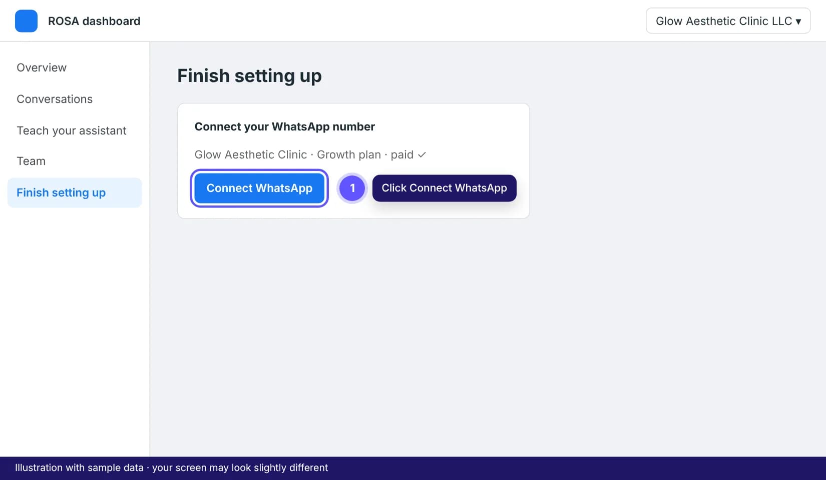 ROSA onboarding page with the Connect WhatsApp button