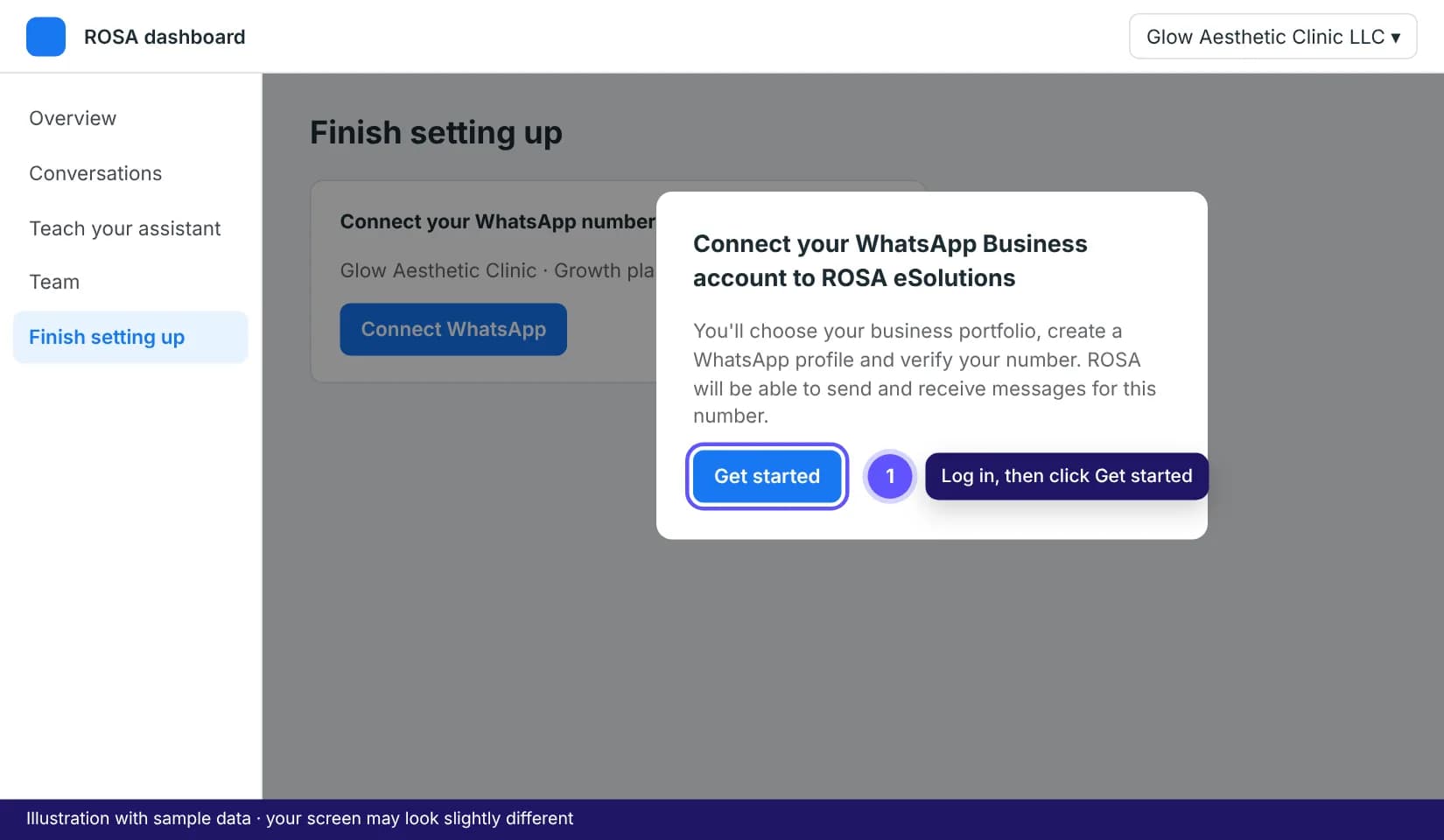 Meta's Embedded Signup pop-up asking to connect WhatsApp to ROSA