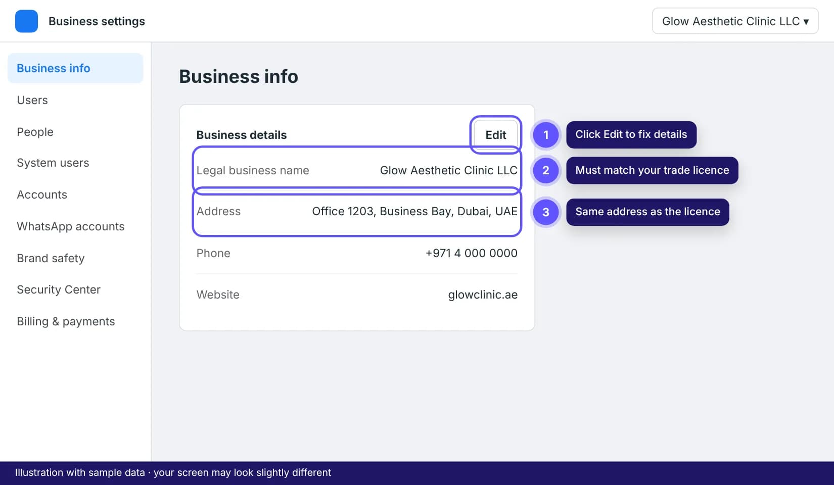 Meta business settings, Business info page with legal name and address
