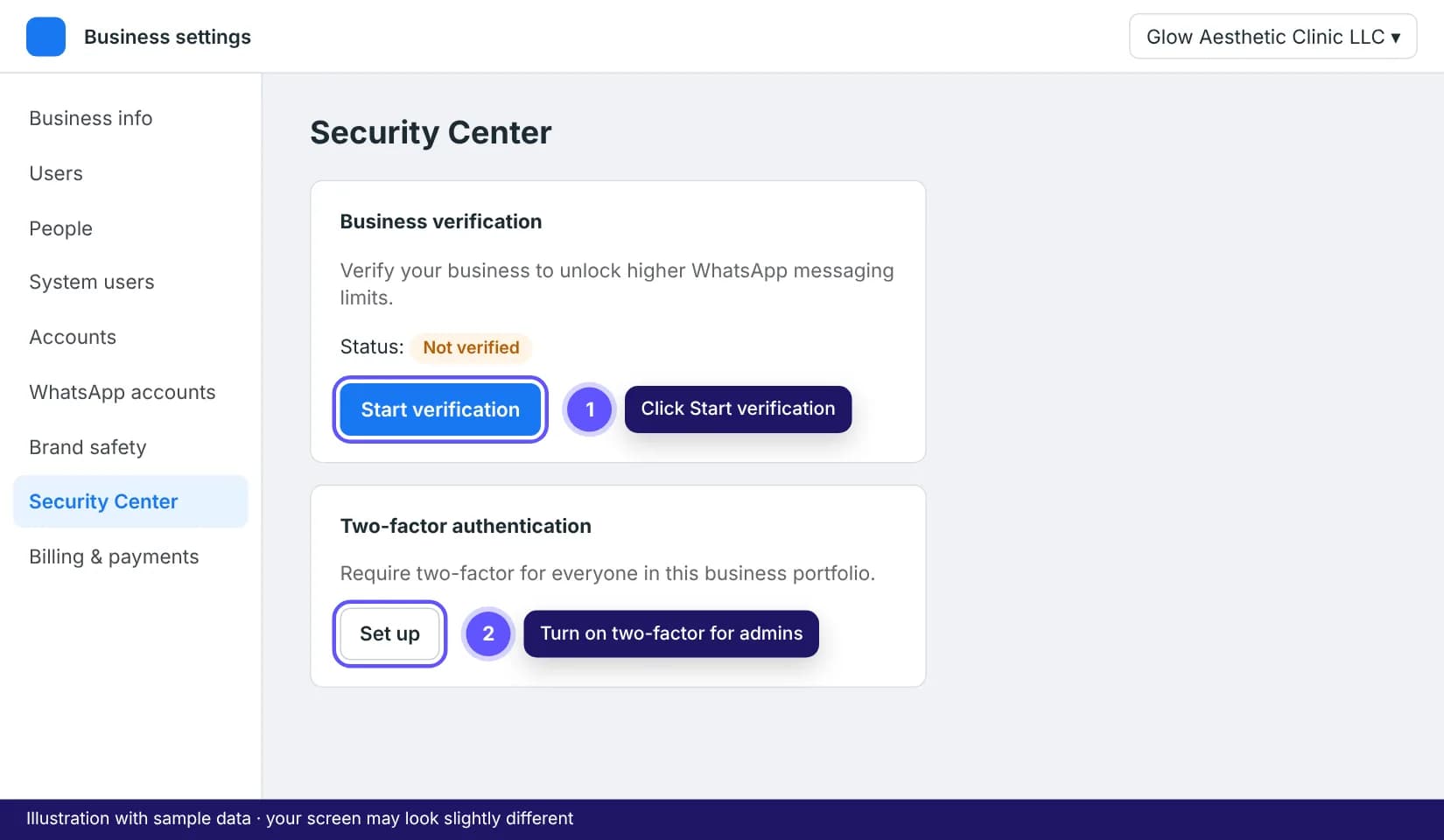 Security Center in Meta business settings showing the business verification status