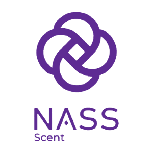 a purple logo with a black background